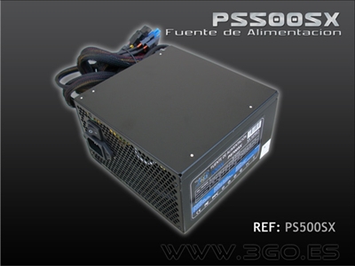 3Go PS500SX -P4/ATX.\r-Control de Temperatura TC.\r-Protección de sobrevoltaje +3.3v, +5v, +12v.\r-4xSATA.\r-1xPCI-X +8pins.\r-4xMOLEX.\r-BAJO RUIDO <20dB.\r-PFC PASIVO (Ahorra un 40% de la energía).\r-Sistema anti-vibraciones.\r-Máxima ventilación (12cm).\r-Color Negro mate.\r-Rejilla Negra.\r-Ventilador Negro.\r-Cumple las normativas CE y RoHS.CONTROL DE ENERGÍAPotencia total: 500 WPUERTOS E INTERFACESConectores de poder (4 pin) periferales (Molex): 4Número de conectores de energía SATA: 4Conectores de poder PCI Express (8 pin): 1DESEMPEÑONivel de ruido: 20 dBCertificación: CE / RoHSDISEÑOColor del producto: NegroDiámetro de ventilador: 12 cm