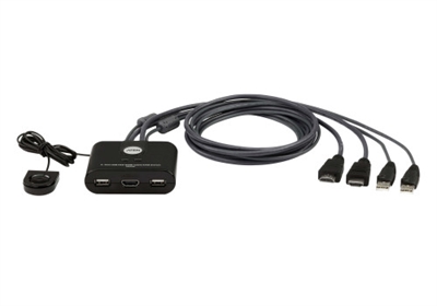 Aten CS22HF-AT ATEN Switch KVM USB FHD HDMI de 2 puertos en formato cable. Tipo de puerto de teclado: USB, Tipo de puerto de ratón: USB, Tipo de puerto de vídeo: HDMI. Tipo HD: Full HD, Máxima resolución: 1920 x 1200 Pixeles, Ancho de banda de vídeo: 60 Hz. Color del producto: Negro, Material de la carcasa: Plástico, Longitud de cable: 1,2 m. Voltaje de entrada DC: 5 V, Consumo energético: 1,518 W. Ancho: 66,5 mm, Profundidad: 82,4 mm, Altura: 25,2 mm