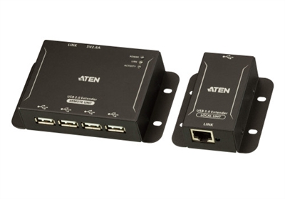 Aten UCE3250-AT-G El extensor USB 2.0 Cat 5 de 4 puertos UCE3250 es un dispositivo de dos unidades que realiza las funciones de switch USB y extensor USB. La unidad UCE3250 puede conectar hasta 4 periféricos USB que se encuentren a una distancia de hasta 50 metros de su ordenador a través de un cable Ethernet Cat 5 / 5e / 6.El UCE3250 transmite los datos mediante paquetes de señal con mejor compatibilidad, y conserva la integridad de los datos a larga distancia. El suministro eléctrico de la unidad UCE3250 remota ofrece alimentación suficiente a cualquier tipo de dispositivo USB, como unidades de memoria flash, teclados, ratones, webcams, escáneres, impresoras, etc. Gracias a su resistente carcasa metálica, este extensor USB de alta calidad se presenta como una solución rápida y flexible para aplicaciones industriales. Además, su compacto tamaño y la posibilidad de montarla en la pared permite ahorrar espacio de instalación.1x extensor USB 2.0 CAT 5 de 4 puertos UCE3250L (unidad local)1x extensor USB 2.0 CAT 5 de 4 puertos UCE3250R (unidad remota)1x cable macho USB de Tipo A a Tipo B1x 0AD6-1005-26EG adaptador de corriente1x manual de instrucciones