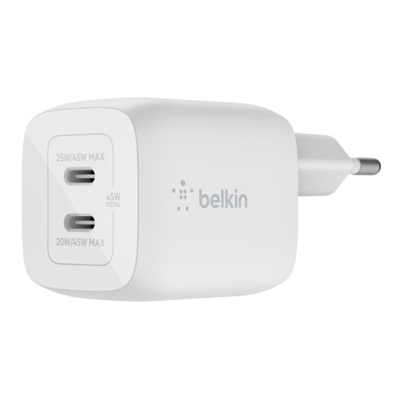 Belkin WCH011VFWH Belkin GaN - Adaptador de corriente - tecnología PPS y GaN - 45 vatios - Fast Charge, PD 3.0 - 2 conectores de salida (2 USB-C) - blanco