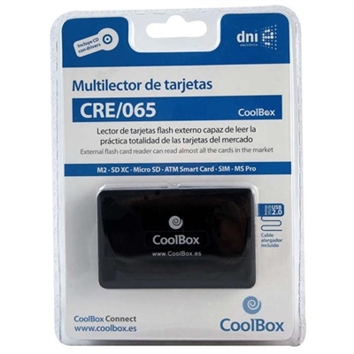 Coolbox CRE-065 El modelo CRE-065 es el multilector de tarjetas externo más completo de CoolBox.Incorpora ranuras para tarjetas SIM y SmartCard (DNIe), MS2 micro y MicroSD sin adaptadores además de las habituales para SD/SDXC/MMC. También incluye un hub USB2.0 con 3 puertos para mejorar la conectividad de nuestro portátilLa incoporación de ranura SIM abre la puerta al acceso a las tarjetas SIM de los teléfonos móviles, permitiendo gestionar la información contenida en ella, mediante una aplicación incluida en el CD que acompaña al lector.La ranura SmartCard permite leer tarjetas inteligentes, como los DNI electrónicos (DNIe) de forma que podemos centralizar en nuestro PC gestiones que hasta hace poco requerí­an nuestra presencia.Como lector de tarjetas flash, el CRE-065 soporta los formatos más habituales, incluidas las SDHC y SDXC así como sus versiones micro de alta capacidad sin necesidad de adaptadores.Su compatibilidad a nivel de sistema operativo es también amplia, soportando Windows a partir de XP, MAC OS X y Linux a partir del kernel 2.4, aunque el trabajo con tarjetas SIM y SmartCard por el momento se limita a Windows, utilizando las aplicaciones incluidas en el CD.DESEMPEÑOTarjetas de memoria compatibles: Memoria extraíble, microSDXC, miniSD, MMC, MS Duo, MS Micro (M2), MS PRO Duo, SD, SDHC, SDXCInterno: NoColor del producto: NegroVelocidad de transferencia de datos: 480 Mbit/sPUERTOS E INTERFACESTipo de interfaz: USB 2.0Cantidad de puertos USB 2.0: 3Soporte de tarjeta SIM: SiCONTROL DE ENERGÍAAlimentación: USBSOFTWARESistema operativo Windows soportado: SiSistema operativo MAC soportado: SiSistema operativo Linux soportado: SiPESO Y DIMENSIONESAncho: 75 mmProfundidad: 48 mmAltura: 12 mmCONTENIDO DEL EMBALAJECables incluidos: USB