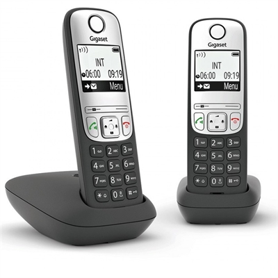 Gigaset L36852-H2810-D201 Gigaset A690 Duo. Tipo: Teléfono analógico, Tipo de auricular: Terminal inalámbrico. Altavoz, Capacidad de lista de direcciones: 100 entradas. Identificador de llamadas. Diagonal de la pantalla: 5,08 cm (2). Color del producto: Negro, Plata. Número de teléfonos móviles incluidos: 2