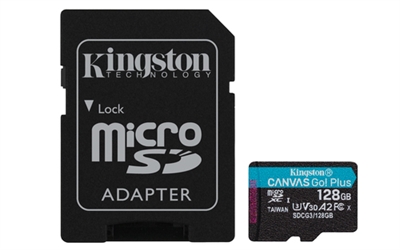 Kingston SDCG3/128GB Kingston Canvas Go! Plus - Tarjeta de memoria flash (adaptador microSDXC a SD Incluido) - 128 GB - A2 / Video Class V30 / UHS-I U3 / Class10 - microSDXC UHS-I