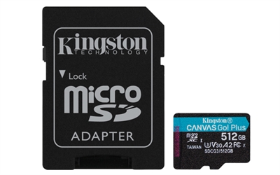 Kingston SDCG3/512GB Kingston Canvas Go! Plus - Tarjeta de memoria flash (adaptador microSDXC a SD Incluido) - 512 GB - A2 / Video Class V30 / UHS-I U3 / Class10 - microSDXC UHS-I