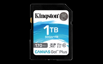 Kingston SDG3/1TB Kingston Technology Canvas Go! Plus. Capacidad: 1 TB, Tipo de tarjeta flash: SD, Clase de memoria flash: Clase 10, Tipo de memoria interna: UHS-I, Velocidad de lectura: 170 MB/s, Velocidad de escritura: 90 MB/s, Clase de velocidad UHS: Class 3 (U3), Clase de velocidad de vídeo: V30. Funciones de protección: Resistente a golpes, Resistente a la temperatura, Resistente a las vibraciones, Resistente al..., Color del producto: Negro