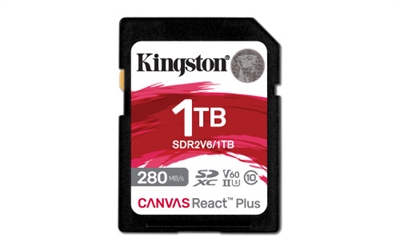 Kingston SDR2V6/1TB Kingston Technology Canvas React Plus. Capacidad: 1 TB, Tipo de tarjeta flash: SDXC, Clase de memoria flash: Clase 10, Tipo de memoria interna: UHS-II, Velocidad de lectura: 280 MB/s, Velocidad de escritura: 150 MB/s, Clase de velocidad UHS: Class 3 (U3), Clase de velocidad de vídeo: V60. Color del producto: Negro