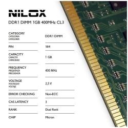 Nilox NXD1400M1C3 Ram Ddr1 Dimm 1Gb 400Mhz Cl3 - Capacidad Total: 1 Gb; Tecnología: Ddr Tft; Frecuencia (Bus Clock Rate): 400 Mhz; Tipología: Dimm; Kit: No; Nombre Módulo: Pc-3200; Generica: Sí
