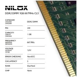Nilox NXD1667H1C5 Ram Ddr2 Dimm 1Gb 667Mhz Cl5 - Capacidad Total: 1 Gb; Tecnología: Ddr2 Tft; Frecuencia (Bus Clock Rate): 667 Mhz; Tipología: Dimm; Kit: No; Nombre Módulo: Pc2-5300; Generica: Sí