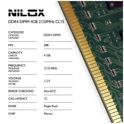 Nilox NXD42133M1C15 Ram Ddr4 Dimm 4Gb 2133Mhz Cl15 - Capacidad Total: 4 Gb; Tecnología: Ddr4 Tft; Frecuencia (Bus Clock Rate): 2.133 Mhz; Tipología: Dimm; Kit: No; Nombre Módulo: Pc4-17000; Generica: Sí
