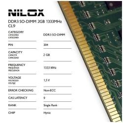 Nilox NXS21333H1C9 Ram Ddr3 So-Dimm 2Gb 1333Mhz Cl9 - Capacidad Total: 2 Gb; Tecnología: Ddr3 Tft; Frecuencia (Bus Clock Rate): 1.333 Mhz; Tipología: So-Dimm; Kit: No; Nombre Módulo: Pc3-10600; Generica: Sí