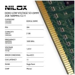 Nilox NXS2L1600M1C11 Ram Ddr3l So-Dimm 2Gb 1600Mhz Cl11 - Capacidad Total: 2 Gb; Tecnología: Ddr3l Tft; Frecuencia (Bus Clock Rate): 1.600 Mhz; Tipología: So-Dimm; Kit: No; Nombre Módulo: Pc3-12800; Generica: Sí