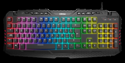 Nox NXKROMKYRA KYRARGB Gaming KeyboardLos alucinantes colores RGB le dan ese toque visual gaming tan buscado, haciéndote saltar al siguiente nivel hasta en la más absoluta oscuridad, gracias a su asombrosa iluminación y la sensibilidad de su pulsación. De membrana con un diseño súper compacto y resistente, muy agradable al tacto, es cómodo y también silencioso, además, cuenta con tecnología anti-ghosting. ¡Completa tus periféricos con este imprescindible compañero de partidas!- SWITCHES HÍBRIDOS- ANTI-GHOSTING- RETROILUMINACIÓN LEDNacido para destacarCon Kyra, pon luz y color a tus eternas sesiones de juego y vence a tus enemigos en entornos de baja iluminación; ¡no sufrirás para encontrar una tecla en las más tenebrosas batallas!Su nítida retroiluminación RGB de colores potentes, pero no molestos, te permitirá realzar el teclado, dando a tu espacio gaming la llamativa apariencia deseada, pudiendo elegir entre sus modos de iluminación, como el Breath o Rainbow, ajustando también el brillo y la velocidad a tu gusto de una forma fácil, sin necesidad de software.Para un máximo rendimientoPensado para gamers, de diseño compacto, bien construido, con materiales duraderos, la altura y la pulsación de las teclas están enfocadas a garantizar una respuesta óptima en el juego. Kyra cuenta con 10 teclas multimedia fluidas, de cómodo tamaño, muy suaves al tacto, además de bloqueo de la tecla Windows.Kyra posee una estructura fuerte que asegura la estabilidad, sin olvidar, además, su confortable reposamuñecas para las largas sesiones, así como un largo cable trenzado que garantiza mayor durabilidad.Compite con tranquilidadDeja de sufrir el efecto fantasma y compite con total seguridad. Para juegos que exigen pulsar dos o más teclas a la vez para hacer algún movimiento, cuenta con un sistema de anti-ghosting de hasta 19 teclas que permite que cada pulsación sea detectada correctamente, permitiéndote ejecutar las acciones sin límites. Por otro lado, podrás intercambiar teclas WASD con teclas de dirección mediante sencillos comandos.
