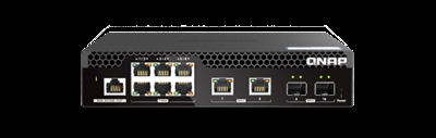 Qnap QSW-M2106R-2S2T Conmutador web administrado de capa 2 de 10 GbE y 2,5 GbE para implementación de redes SMB.El QSW-M2106R-2S2T es un conmutador web administrado de capa 2 con dos puertos de fibra SFP+ de 10 GbE, dos puertos RJ45 de 10 GbE y seis puertos RJ45 de 2,5 GbE. El QSW-M2106R-2S2T, compatible con la gestión de red y la conmutación de capa 2 a través de una interfaz de usuario web fácil de usar, ofrece una implementación flexible en entornos de red híbridos de alta velocidad y proporciona una solución de gestión de red de nivel de entrada. Con un diseño de ancho medio, se pueden instalar dos QSW-M2106R-2S2T en un espacio de rack de 1U para ahorrar espacio.