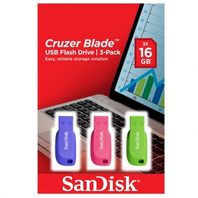 Sandisk SDCZ50C-016G-B46T SanDisk Cruzer Blade - Unidad flash USB - 16 GB - USB 2.0 - azul, verde, rosa (paquete de 3)