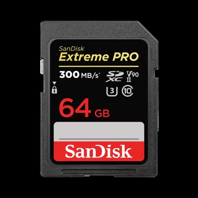 Sandisk SDSDXDK-064G-GN4IN SanDisk Extreme PRO. Capacidad: 64 GB, Tipo de tarjeta flash: SDXC, Clase de memoria flash: Clase 10, Tipo de memoria interna: UHS-II, Velocidad de lectura: 300 MB/s, Velocidad de escritura: 260 MB/s, Clase de velocidad UHS: Class 3 (U3), Clase de velocidad de vídeo: V90. Funciones de protección: Resistente a golpes, Resistente a la temperatura, Resistente al agua, A prueba de rayos X, Color del producto: Negro