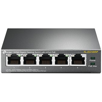 Tp-Link TL-SG1005P TP-LINK TL-SG1005P. Tipo de interruptor: No administrado. Puertos tipo básico de conmutación RJ-45 Ethernet: Gigabit Ethernet (10/100/1000), Cantidad de puertos básicos de conmutación RJ-45 Ethernet: 5. Tabla de direcciones MAC: 2000 entradas, Capacidad de conmutación: 10 Gbit/s. Estándares de red: IEEE 802.1p,IEEE 802.3af,IEEE 802.3x. Energía sobre Ethernet (PoE)