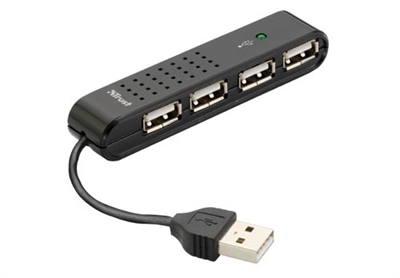 Trust 14591 Hub USB 2.0 súper compacto con 4 puertos; ideal para los usuarios de ordenadores portátiles. Cable USB corto incluido que puede pegar al cuerpo del Hub. Soporta periféricos USB 2.0 (hasta 480 Mbps) y USB 1.1 (hasta 12 Mbps).
