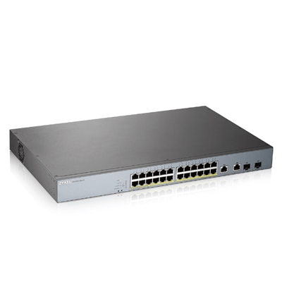 Zyxel GS1350-26HP-EU0101F Zyxel GS1350-26HP-EU0101F. Tipo de interruptor: Gestionado, Capa del interruptor: L2. Puertos tipo básico de conmutación RJ-45 Ethernet: Gigabit Ethernet (10/100/1000), Cantidad de puertos básicos de conmutación RJ-45 Ethernet: 24. Tabla de direcciones MAC: 8000 entradas, Capacidad de conmutación: 52 Gbit/s. Estándares de red: IEEE 802.1D,IEEE 802.1ab,IEEE 802.1p,IEEE 802.1w,IEEE 802.3,IEEE 802.3ad,IEEE 802.3af,IEEE.... Energía sobre Ethernet (PoE). Montaje en rack