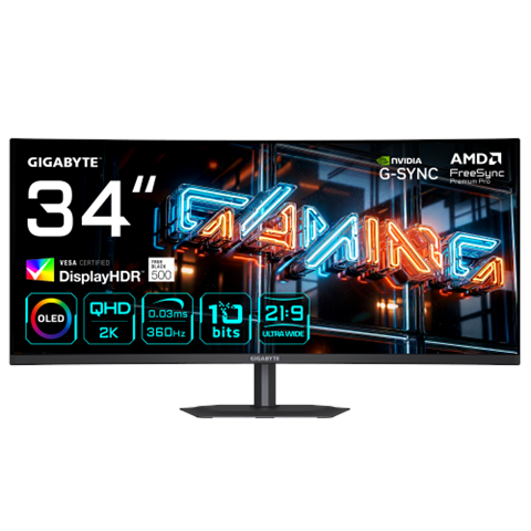 Gigabyte Mo34wqc36 Monitor Gaming Curvo 34” Wqhd - 3440 X 1440, 360Hz, 0.03Ms, Kvm, 300 Cd/M², Freesync Premium Pro, Displayhdr True Black 500, Hdmi 2.1, Displayport 2.1