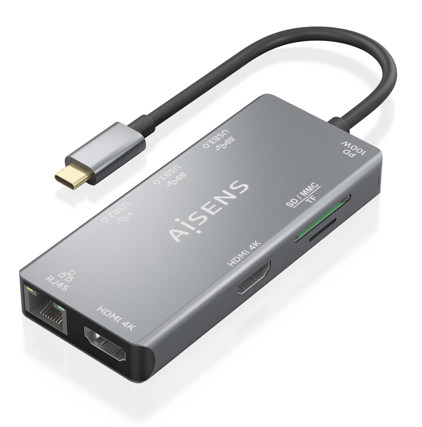 Docking USB Tipo-C Aisens Asuc-9P018-Gr/ 2Xhdmi 4K/ 3Xusb/ 1Xrj45/ 1Xlector Tarjetas/ 1Xusb Tipo-C Pd/ Gris