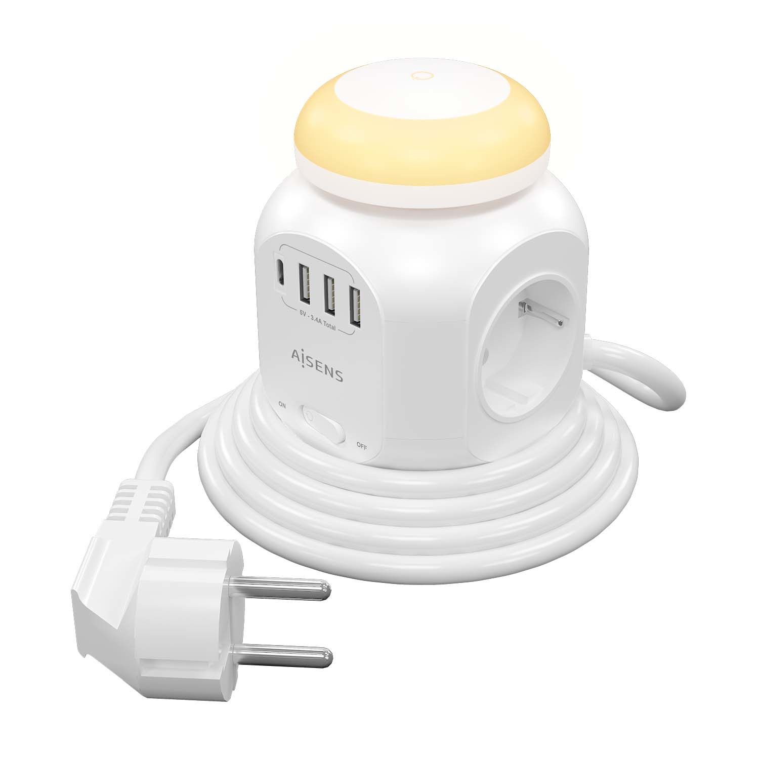 Regleta Con Interruptor Y Luz Nocturna Aisens Asps-3A1cl01-W/ 4 Tomas De Corriente/ 1 USB Tipo-C/ 3 USB/ Cable 1.8M/ Blanco