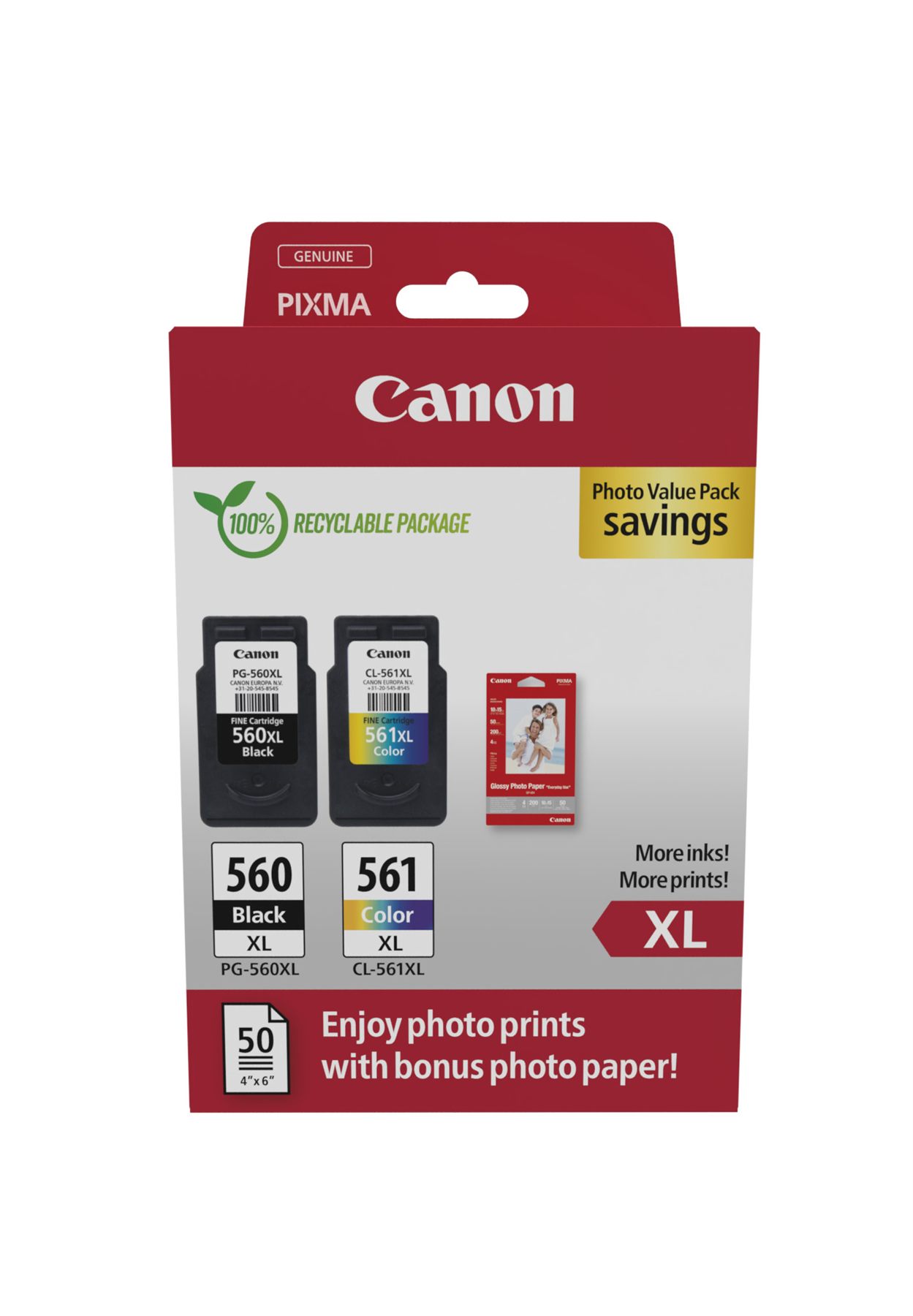 Cartucho De Tinta Original Canon Pg-560Xl + Cl-561Xl Multipack Alta Capacidad/ Negro/ Tricolor + Papel Fotográfico