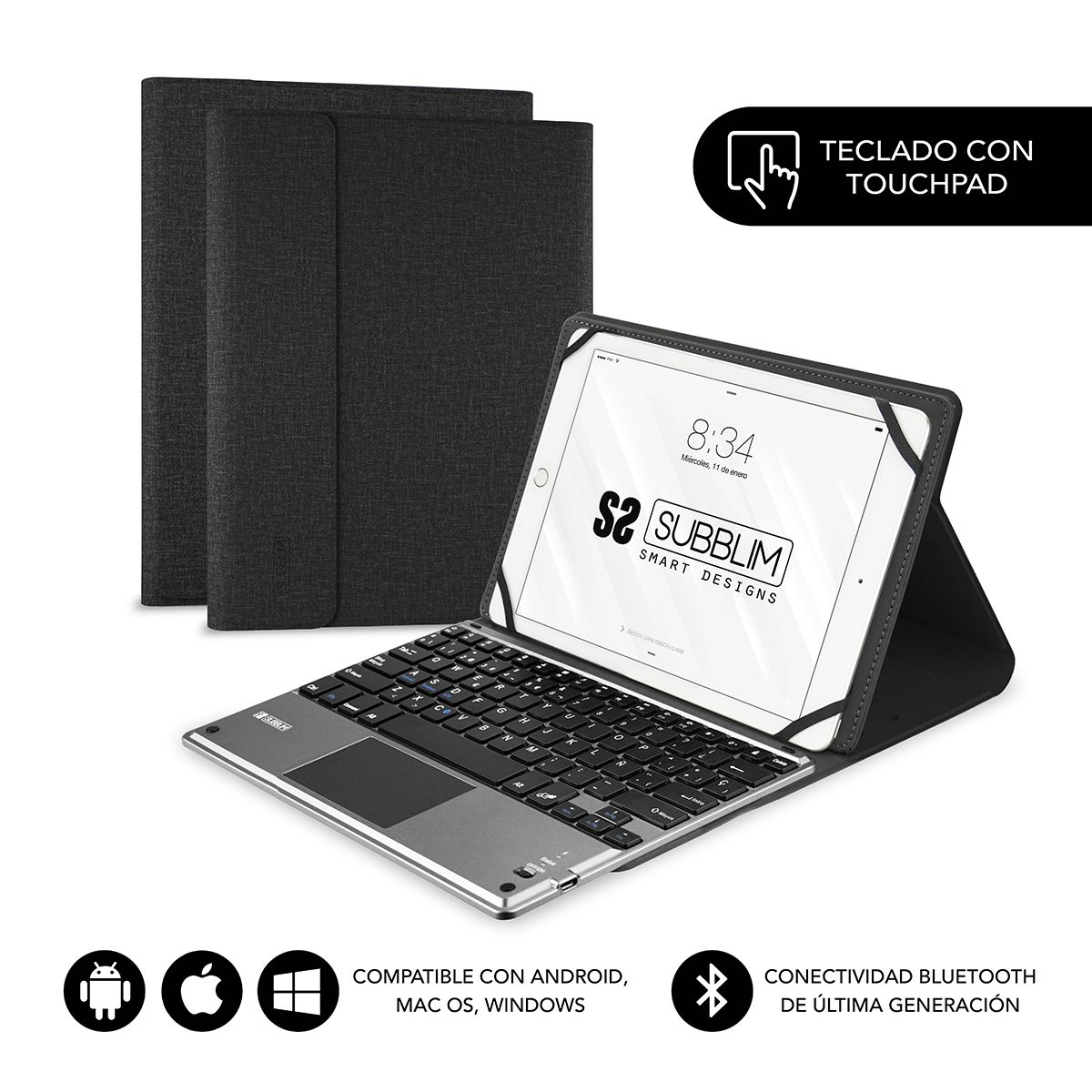 Funda Con Teclado Subblim Keytab Pro Bluetooth Touchpad Para Tablets De 9.6"-10.8"/ Negra