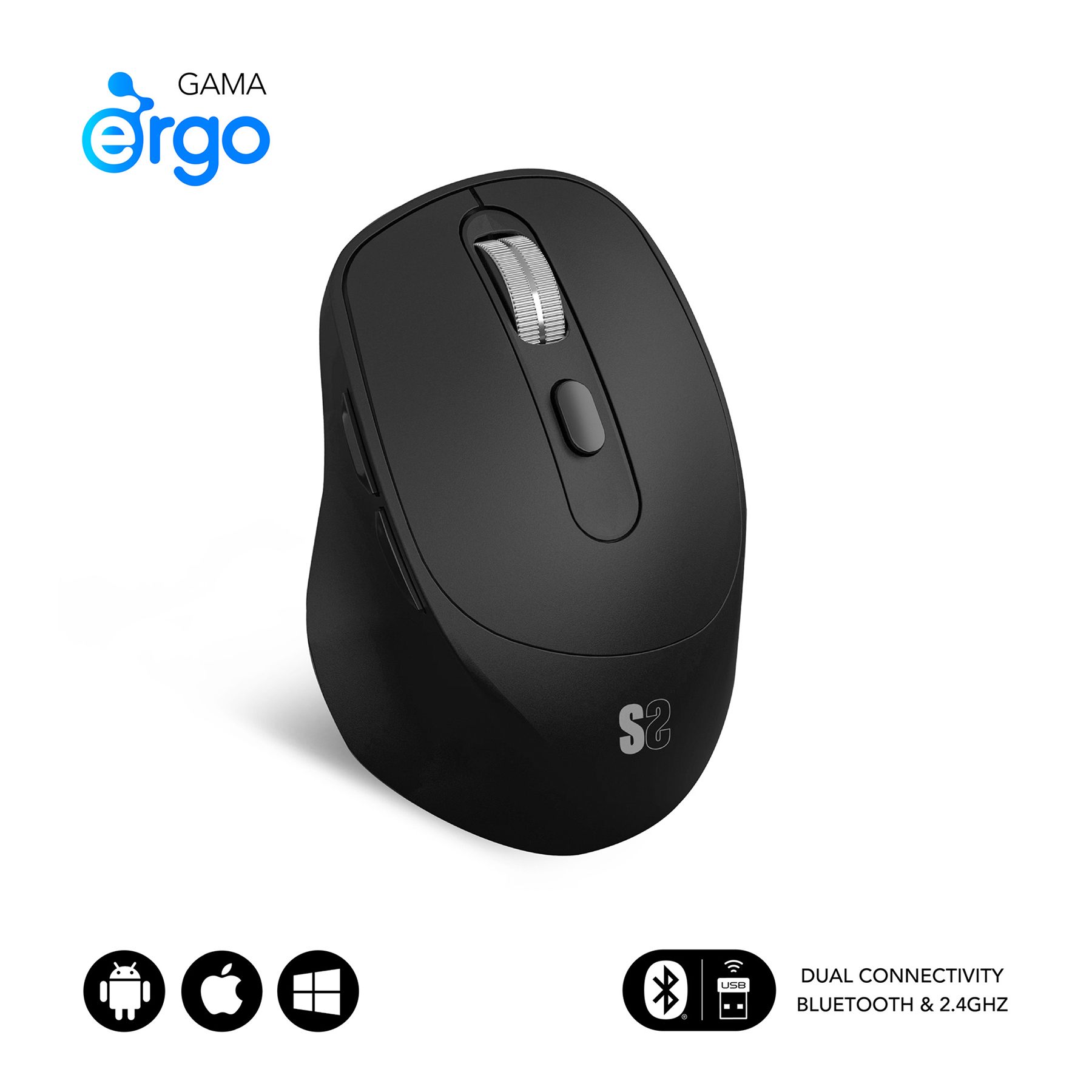 Ratón Ergonómico Inalámbrico Subblim Comfort Ergo Dual Battery/ Batería Recargable/ Hasta 2400 Dpi/ Negro