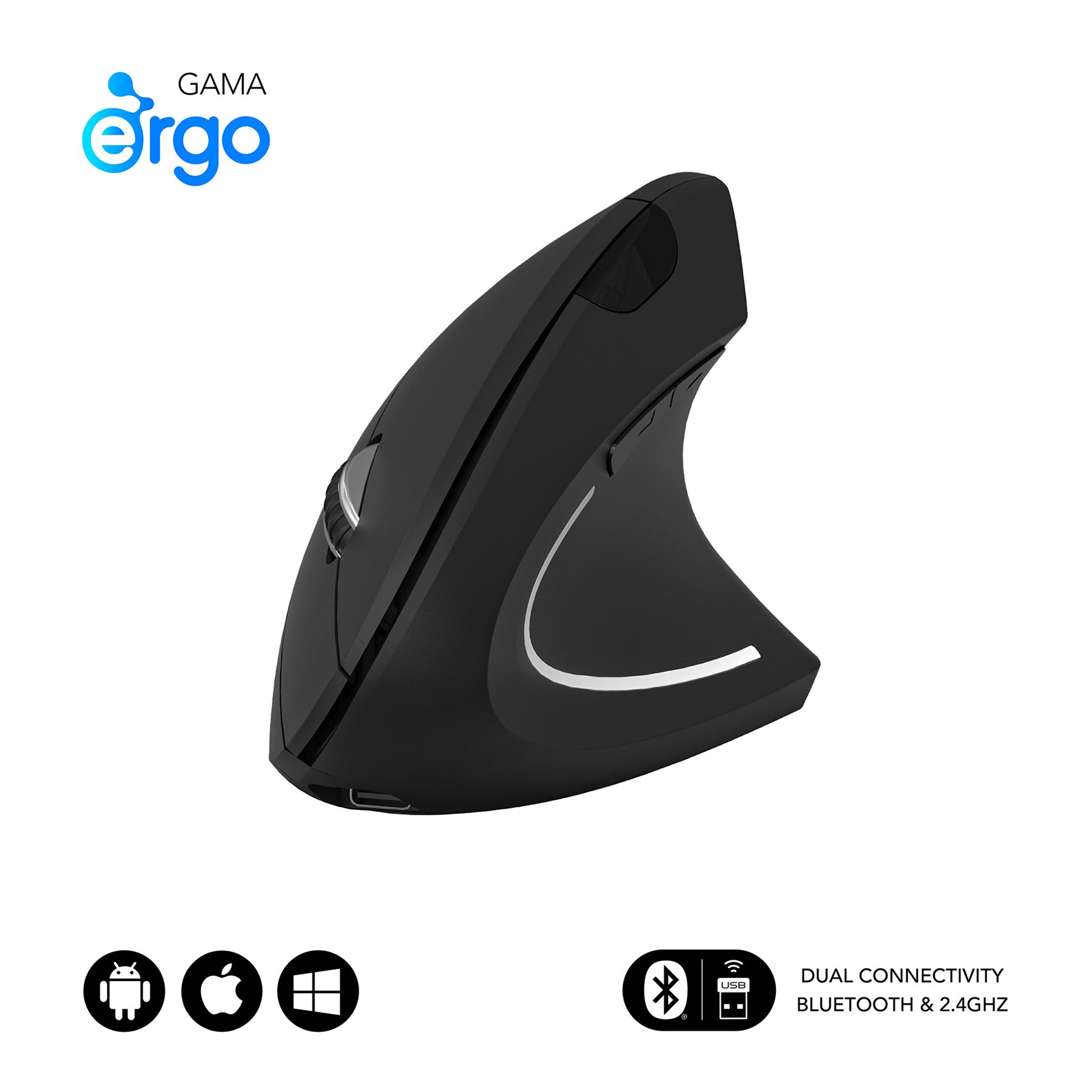 Ratón Vertical Inalámbrico Subblim Glide Vertical Ergo Dual Battery/ Batería Recargable/ Hasta 1600 Dpi/ Negro
