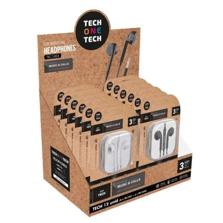 Expositor De Auriculares Tech One Tech Eartech Tec1003 / Con Micrófono/ Jack 3.5/ Incluye 6 Auriculares Blancos Y 6 Auriculares Negros
