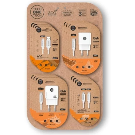 Expositor De Cargadores Gan Y Cables Tech One Tech Eko 400801/ 4 Ganchos/ Incluye 16 Productos
