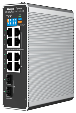 Ruijie Networks RG-NIS2100-8GT2SFP-HP Switch Industrial De 10 Puertos Gestionado En La Nube, Con 1 Puerto Poe++, 7 Puertos Poe+ Y 2 Puertos Uplink Sfp