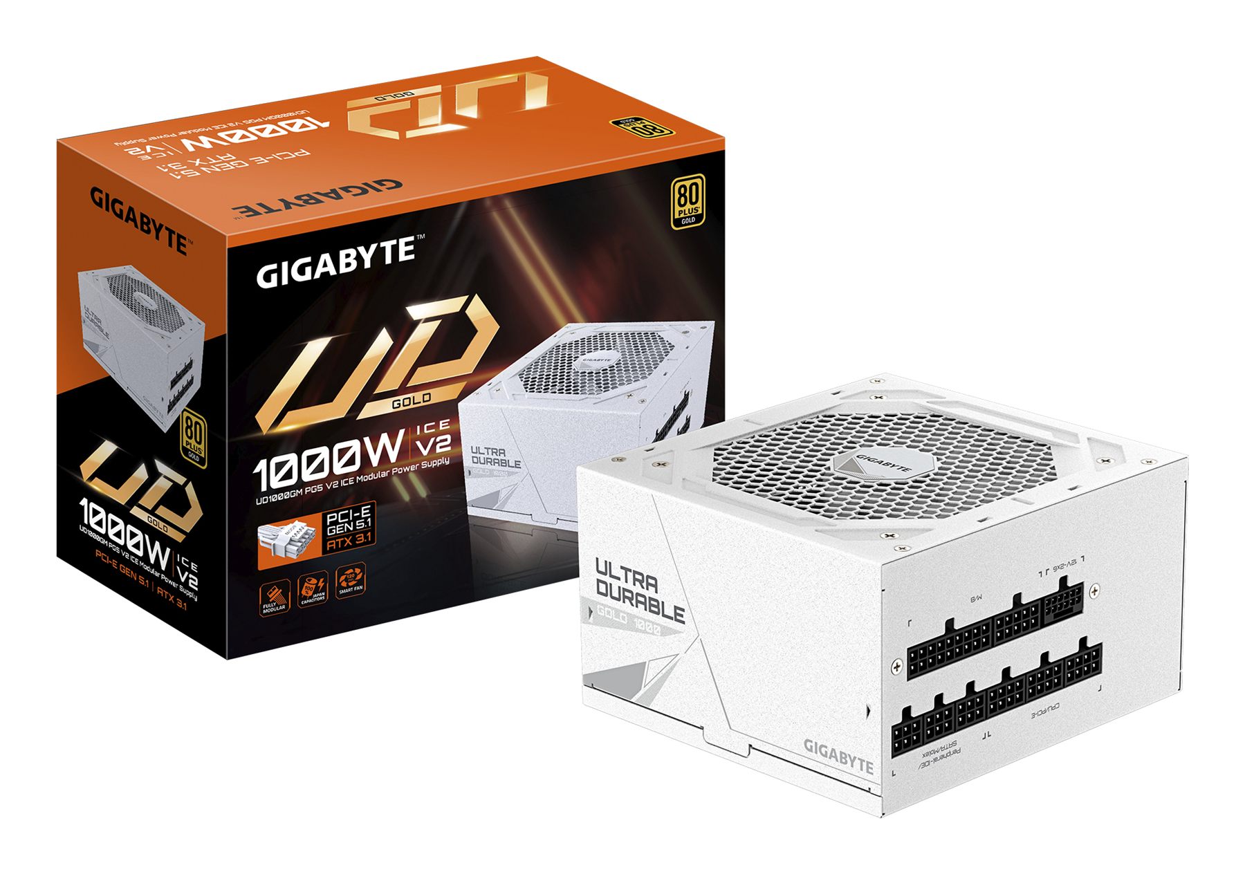 Gigabyte 28200-U10GI-1CEUR Ud1000gm Pg5 V2 Ice Fuente De Alimentación – PCIe Gen 5.1, 80 Plus Gold, Diseño Completamente Modular, Ventilador De 120 Mm, Compatible Con Atx 3.1, Enchufe Eu