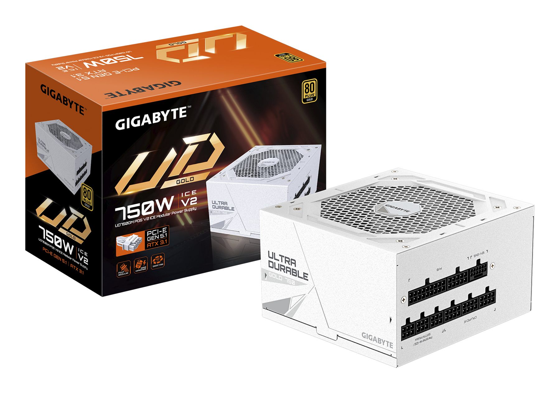 Gigabyte 28200-U75GI-1CEUR Ud750gm Pg5 V2 Ice Fuente De Alimentación – PCIe Gen 5.1, 80 Plus Gold, Diseño Completamente Modular, Ventilador De 120 Mm, Compatible Con Atx 3.1, Enchufe Eu