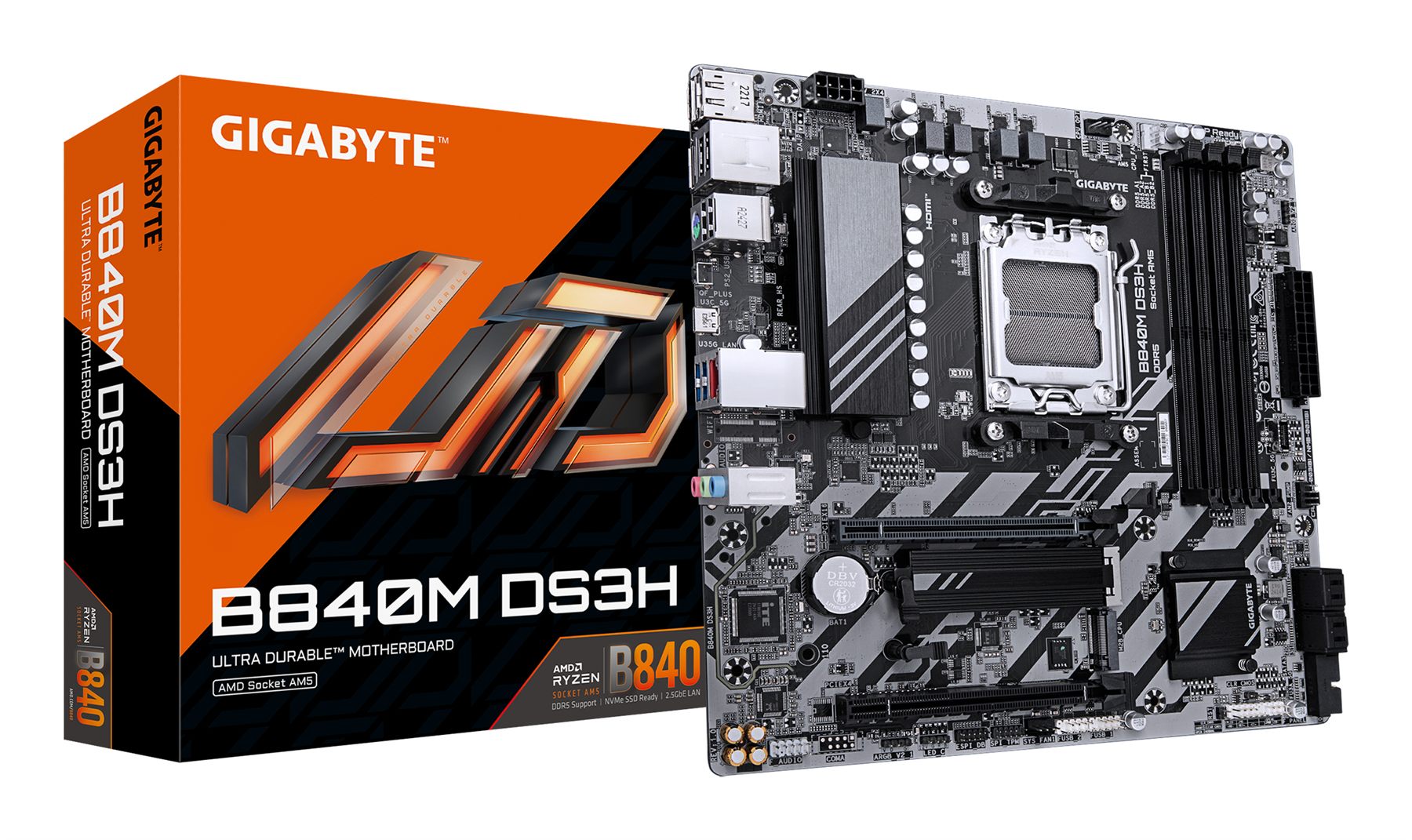 Gigabyte 9MB84MS3H-00-G10 B840m Ds3h Placa Base - Procesadores AMD Ryzen 9000, Vrm De 8+2+2 Fases, Hasta 8200 MHz DDR5, 2Xpcie 4.0 M.2, Lan 2.5Gbe, USB 3.2 Gen 1