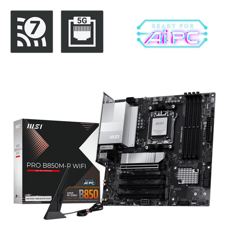 Placa MSI Pro B850m-P Wifi,AMD,Am5,B850,4Ddr5,256 GB,1Hdmi+1Dp,4Sata3+3M.2,5Gblan+Wifi7+Bt5.4,7Usb3.2,Matx