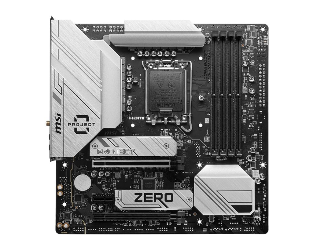 Placa MSI B760m Project Zero,Btf,Intel,1700,B760,4Ddr5,256 GB,HDMI+Dp,4Sata3/6G+2M.2,9Usb3.2,2.5 GB+Wifi6e+Bt5.3,Matx