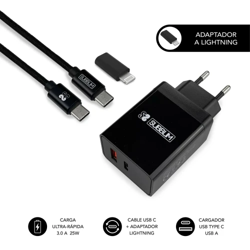 Subblim Cargador Ultra Rapido 2Xusb De Pared Pd25w+Qc3.0+Cable C To C Y Lightning Negro