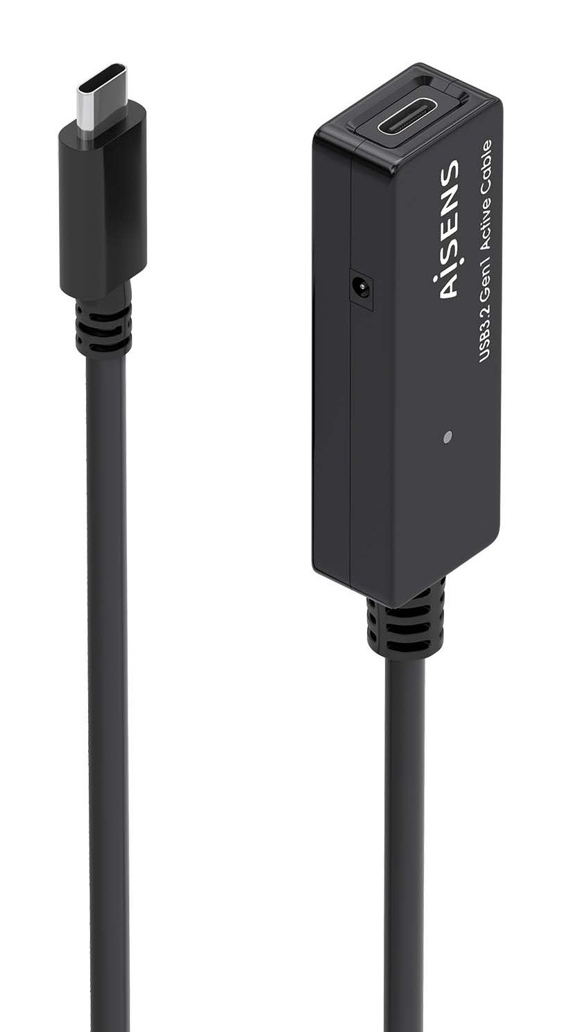 Cable Alargador Usb 3.2 Con Amplificador Aisens A107-0869/ Usb Tipo-C Macho - Usb Tipo-C Hembra/ Hasta 100W/ 20Gbps/ 5M/ Negro