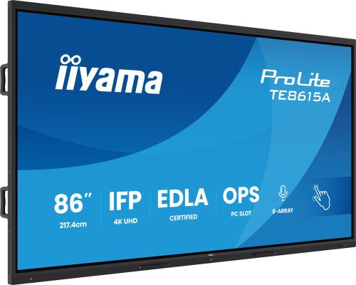 Iiyama 86" Stylish Ifp,  (Edla)/Android 14,8 Core Soc, 8/128Gb, 40-Pts, Uhd , Nfc, Pir , Mm 2X20w +20W Sbuw, 8-Array Micro, 2Xhdmi, Hdmi-Out, Dp, Usb-C100w Pd/ Mini-Jack / Opt.Out, 550Cd/M2, L/S Mode, Ag Glass, Lan, Wifi6, Bt5.0/Iiware, Pc Slot,800X6