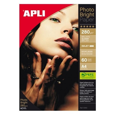 Apli 10413 Papel Fotografico Formato A4 Y 280 G/M? Con Acabado Brillo. Cada Pack Contiene 60 Hojas. Para Imprimir Imagenes Fotograficas De Alta Calidad Con Acabado Profesional. Apto Para Uso En Impresoras Inkjet.