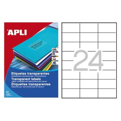 Apli 1224 Etiquetas Autoadhesivas De Poliester Translucido De Cantos Rectos Tama?O 70 X 37 Mm Con Adhesivo Permanente. Pack Con 20 Hojas (480 Etiquetas Autoadhesivas). Etiquetas Autoadhesivas Transparentes Con Acabado Brillante Casi Invisibles Ideales Si Necesitas Aplicar Una Etiqueta En Sobres De Colores O Rotular Y Se?Alizar Sin Ocultar La Superficie Donde Se Pega. Excelente Calidad De Impresion En Impresoras Laser O Fotocopiadoras.