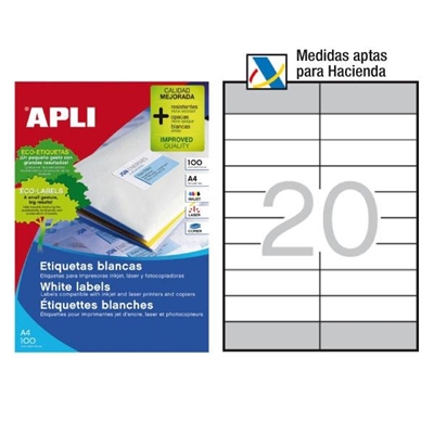 Apli 12330 Etiquetas Autoadhesivas Color Blanco De Cantos Rectos Tama?O 105 X 2875 Mm Con Adhesivo Permanente. Pack Con 100 Hojas (2.000 Etiquetas Autoadhesivas). Especiales Tama?O Hacienda. Perfectas Para Identificar Envios De Correspondencia Objetos Paqueteria O Para Clasificar. Excelente Calidad De Impresion En Impresoras Inkjet Laser O Fotocopiadoras.