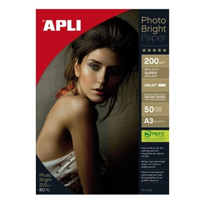 Apli 4457 Papel Fotografico Profesional Formato A3 Y 200 G/M? Con Acabado Brillo. Cada Pack Contiene 50 Hojas. Para Imprimir Imagenes Fotograficas De Alta Calidad. Apto Para Uso En Impresoras Inkjet.