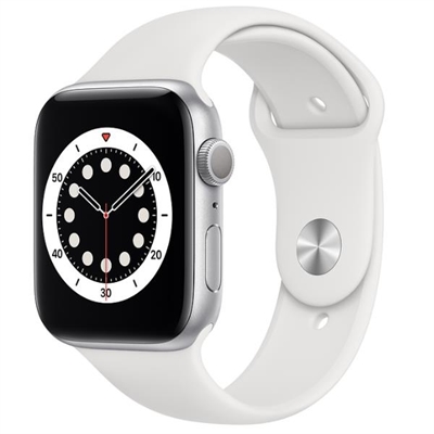 Apple M00D3TY/A Apple Watch Series 6 (GPS) - 44 mm - aluminio plateado - reloj inteligente con pulsera deportiva - fluoroelastómero - blanco - tamaño de la banda: S/M/L - 32 GB - Wi-Fi, Bluetooth - 36.5 g