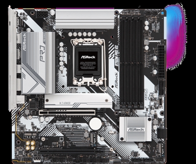 Asrock 90-MXBLH0-A0UAYZ Asrock B760M Pro RS. Fabricante de procesador: Intel, Socket de procesador: LGA 1700, Procesador compatible: Intel® Core™ i5, Intel® Core™ i7, Intel® Core™ i9. tipos de memoria compatibles: DDR5-SDRAM, Memoria interna máxima: 192 GB, Tipo de ranuras de memoria: DIMM. Interfaces de disco de almacenamiento soportados: M.2, SATA III, Tipos de unidades de almacenamiento admitidas: HDD & SSD. Tipo de interfaz ethernet: 2.5 Gigabit Ethernet, Controlador LAN: Realtek RTL8125-BG. Componente para: PC, Factor de forma: micro ATX, Familia del chipset: Intel