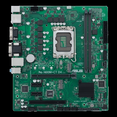 Asustek 90MB1A30-M0EAYC ASUS PRO H610M-C D4-CSM. Fabricante de procesador: Intel, Socket de procesador: LGA 1700, Procesador compatible: Intel® Celeron®, Intel® Core™ i3, Intel® Core™ i5, Intel® Core™ i7, Intel® Core™ i9, Intel® Pentium®. tipos de memoria compatibles: DDR4-SDRAM, Memoria interna máxima: 64 GB, Tipo de ranuras de memoria: DIMM. Interfaces de disco de almacenamiento soportados: M.2, SATA III, Tipos de unidades de almacenamiento admitidas: HDD & SSD. Tipo de interfaz ethernet: Gigabit Ethernet. Componente para: PC, Factor de forma: micro ATX, Familia del chipset: Intel