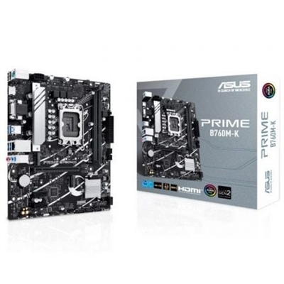 Asustek 90MB1FI0-M1EAY0 ASUS PRIME B760M-K. Fabricante de procesador: Intel, Socket de procesador: LGA 1700, Procesador compatible: Intel® Celeron®, Intel® Pentium® Gold, Intel® Core™ i3, Intel® Core™ i5, Intel® Core™.... tipos de memoria compatibles: DDR5-SDRAM, Memoria interna máxima: 96 GB, Tipo de ranuras de memoria: DIMM. Interfaces de disco de almacenamiento soportados: M.2, SATA III, Tipos de unidades de almacenamiento admitidas: HDD & SSD, Niveles RAID: 0, 1, 5, 10. Tipo de interfaz ethernet: 2.5 Gigabit Ethernet. Componente para: PC, Factor de forma: micro ATX, Familia del chipset: Intel