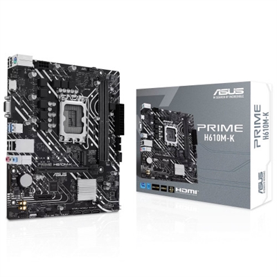 Asustek 90MB1GA0-M0EAY0 ASUS Prime H610M-K. Fabricante de procesador: Intel, Socket de procesador: LGA 1700, Procesador compatible: Intel® Celeron®, Intel® Core™ i3, Intel® Core™ i5, Intel® Core™ i7, Intel® Core™ i9,.... tipos de memoria compatibles: DDR5-SDRAM, Memoria interna máxima: 96 GB, Tipo de ranuras de memoria: DIMM. Interfaces de disco de almacenamiento soportados: M.2, SATA III, Tipos de unidades de almacenamiento admitidas: HDD & SSD. Conector USB: USB tipo A. Tipo de interfaz ethernet: Gigabit Ethernet