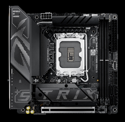Asustek 90MB1JB0-M0EAY0 ASUS ROG STRIX B860-I GAMING WIFI. Fabricante de procesador: Intel, Socket de procesador: LGA 1851 (Socket V1), Procesador compatible: Intel Core Ultra (Series 2). tipos de memoria compatibles: DDR5-SDRAM, Memoria interna máxima: 128 GB, Tipo de ranuras de memoria: DIMM. Interfaces de disco de almacenamiento soportados: M.2, SATA III, Tipos de unidades de almacenamiento admitidas: HDD & SSD, Niveles RAID: 0, 1, 5, 10. Tipo de interfaz ethernet: 2.5 Gigabit Ethernet, Estándar Wi-Fi: Wi-Fi 7 (802.11be). Componente para: PC, Factor de forma: mini ITX, Familia del chipset: Intel